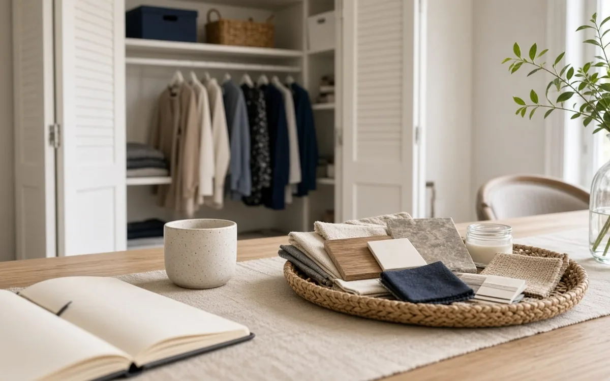 Wicker tray of fabric and laminate swatches on a table in front of an open reach-in closet with louvered doors