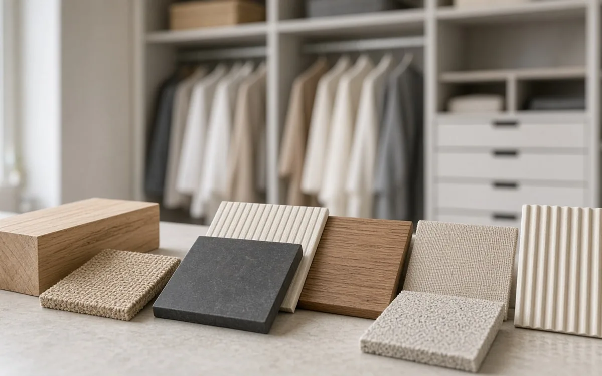 Samples of coated wire shelving, white laminate panel, painted MDF drawer front and steel garage cabinet door side by side
