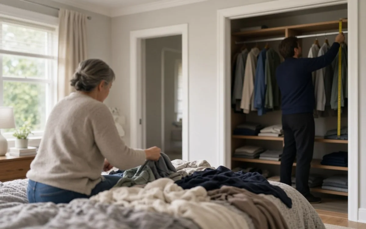 Woman sorting clothes on a bed while a man measures the height of an open reach-in closet with wood shelves