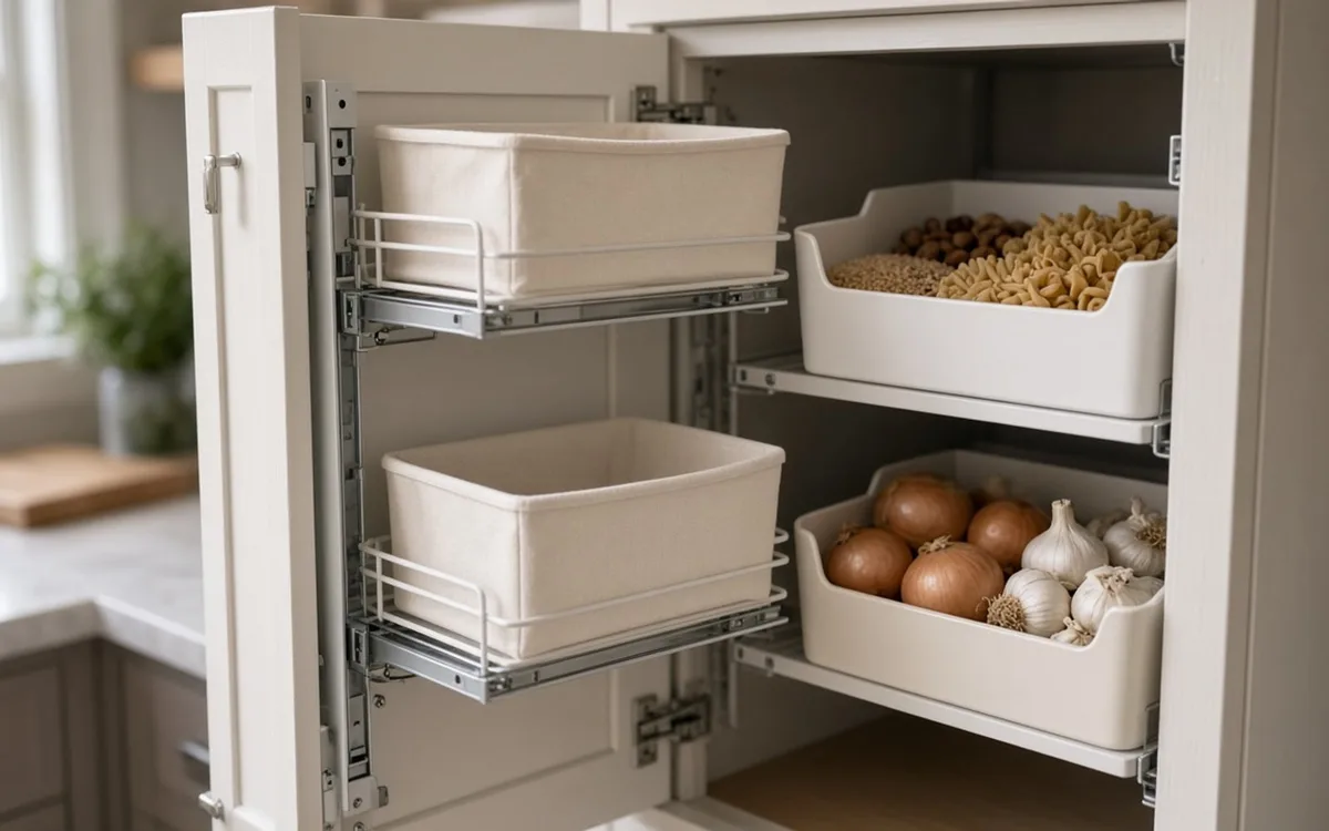 Walk-in pantry corner with wire pull-out baskets on slides and a small counter for appliances under a window
