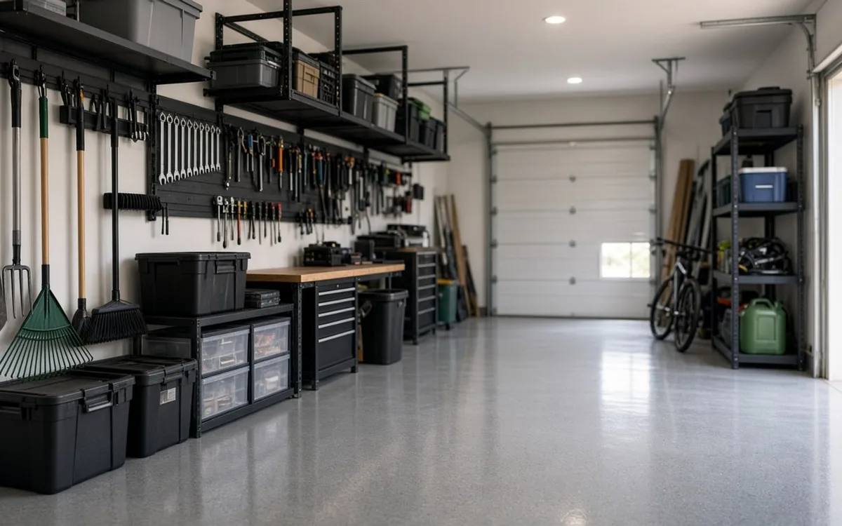 Two-car garage with bikes hung on a wall track, labeled bins on steel shelving, and an overhead rack above the hood of a parked car