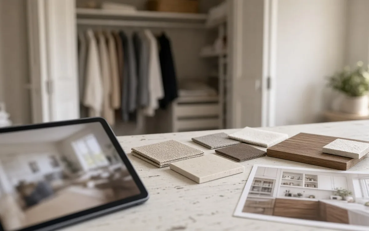 Tablet, printed closet photo and fabric and wood finish samples on a white table near a reach-in closet
