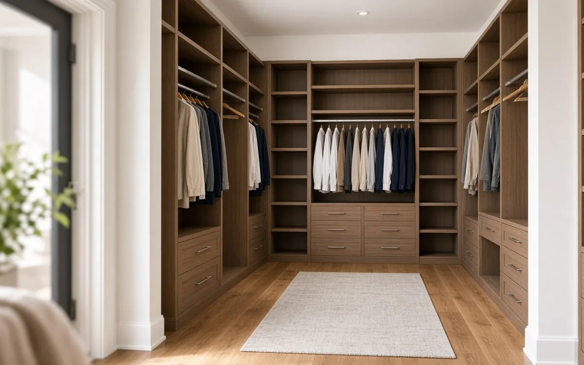 Installer leveling a white laminate closet system with double-hang rods and a drawer tower in an empty reach-in closet