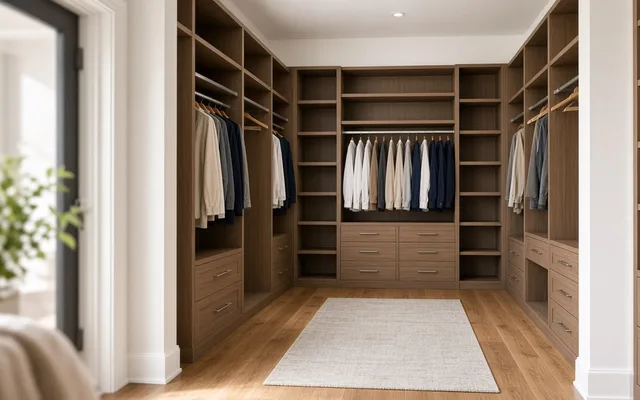 Walnut-toned walk-in closet with open shelves, hanging rods and drawer stacks on three walls around a rug