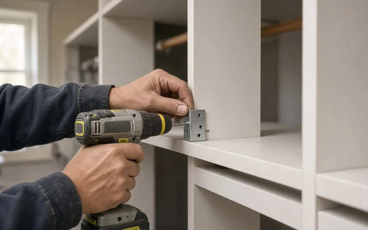 Installer using a cordless drill to fasten a metal bracket under a white closet shelf panel