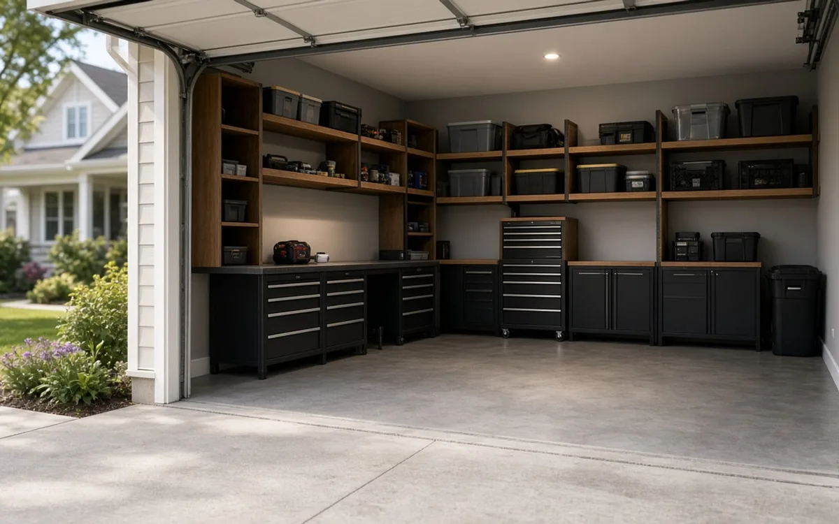 Installer lagging a slatwall panel into garage studs with a level, cabinets and a workbench along the back wall