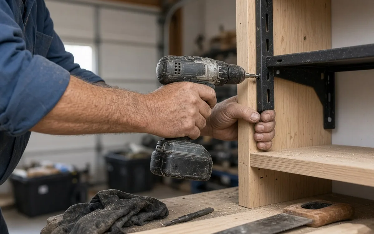 Hands driving a screw with a dusty cordless drill to mount a black steel bracket on a pine garage shelf
