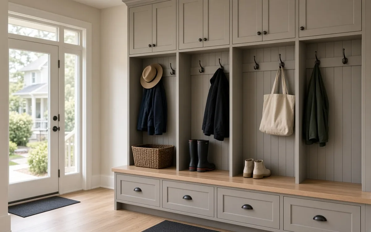 Painted white mudroom built-in with four open cubbies, a bench with boot trays beneath, and coats on double hooks by a side door