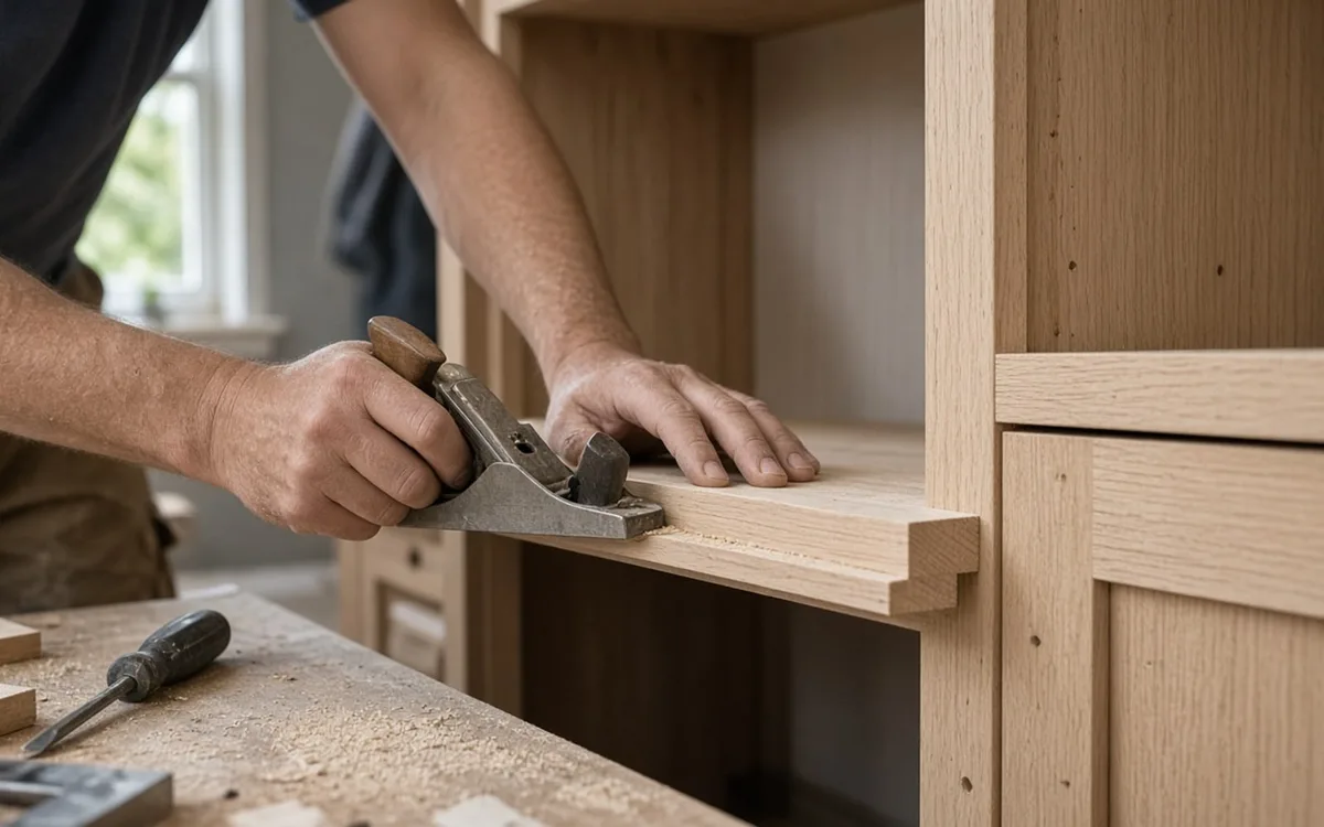 Carpenter running a hand plane along the edge of an oak shelf inside an unfinished built-in cabinet