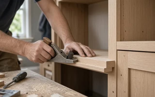 Carpenter running a hand plane along the edge of an oak shelf inside an unfinished built-in cabinet