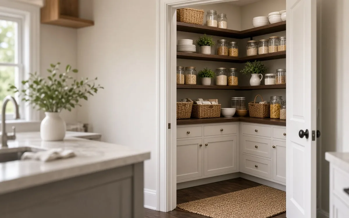 Reach-in pantry with shallow adjustable shelves holding labeled clear bins, canned goods on risers, and a stand mixer on a low shelf
