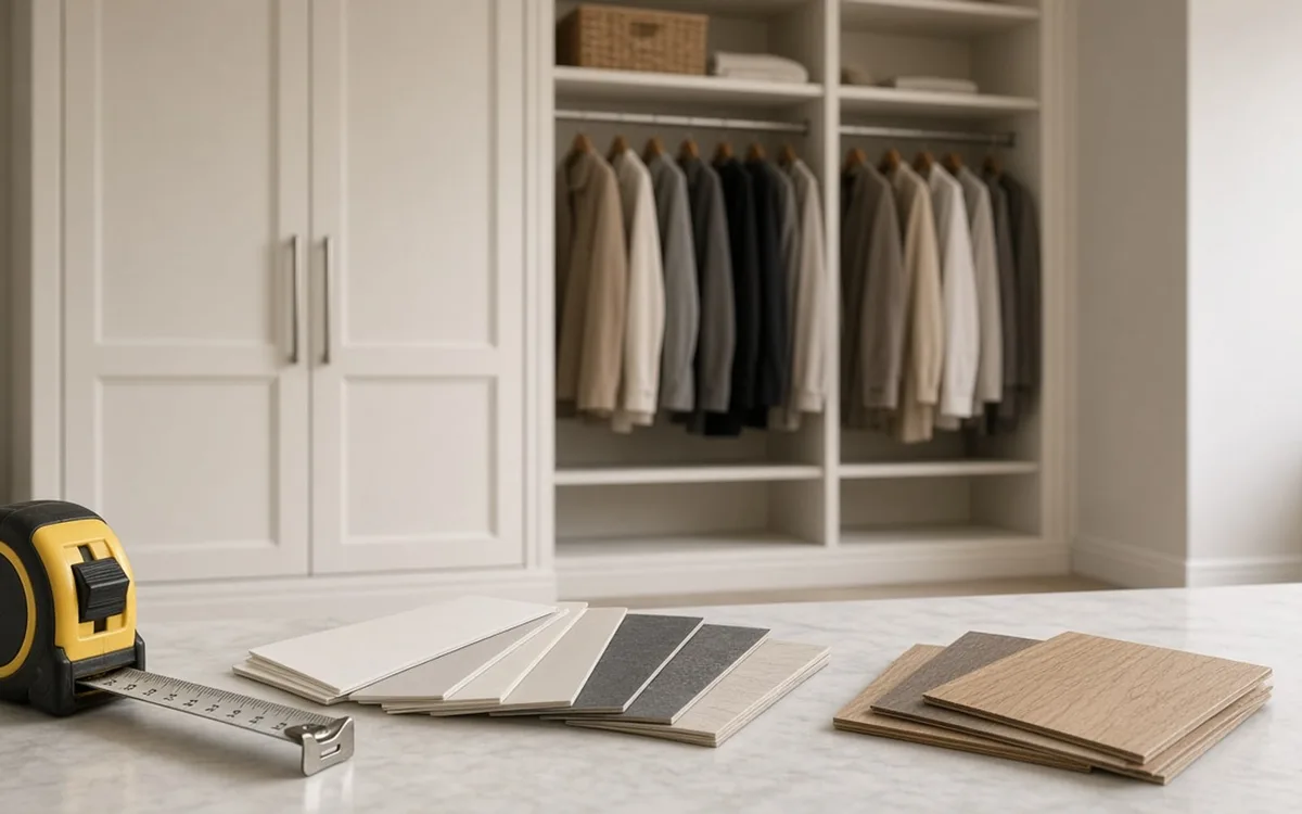 Tape measure and fanned laminate and wood-grain samples on a counter in front of white closet doors and hanging clothes