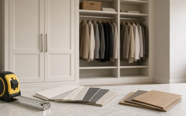 Tape measure and fanned laminate and wood-grain samples on a counter in front of white closet doors and hanging clothes