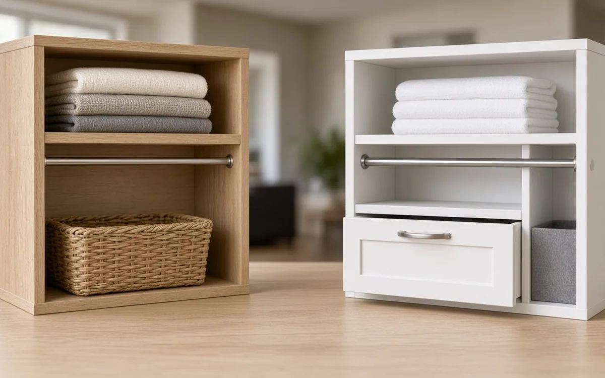 Oak cube organizer with a basket beside a white shelf unit with a drawer, both holding folded towels