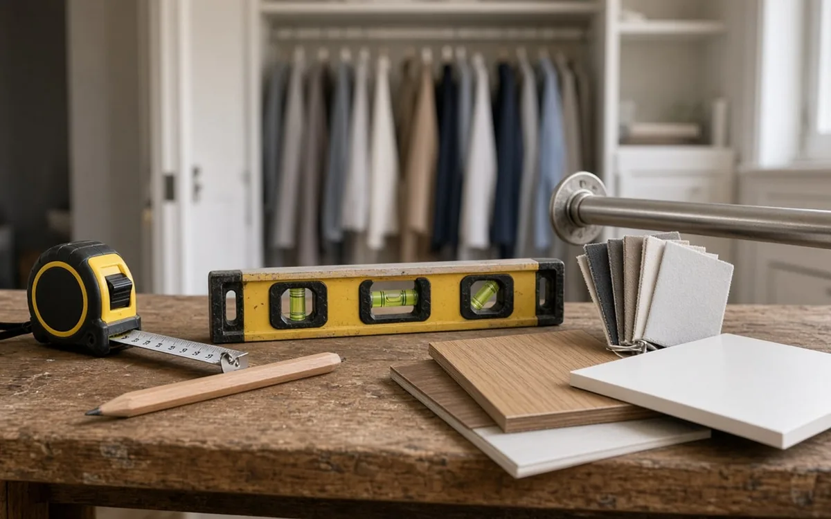 Tape measure, spirit level, pencil and laminate samples on a rustic workbench beside a chrome closet rod