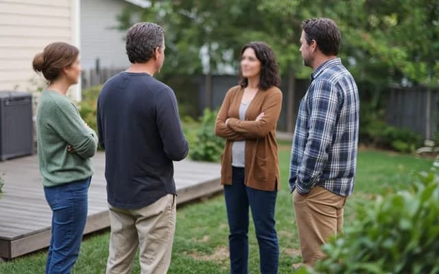 Four adults talking in a green backyard beside a low wooden deck and a black outdoor storage box