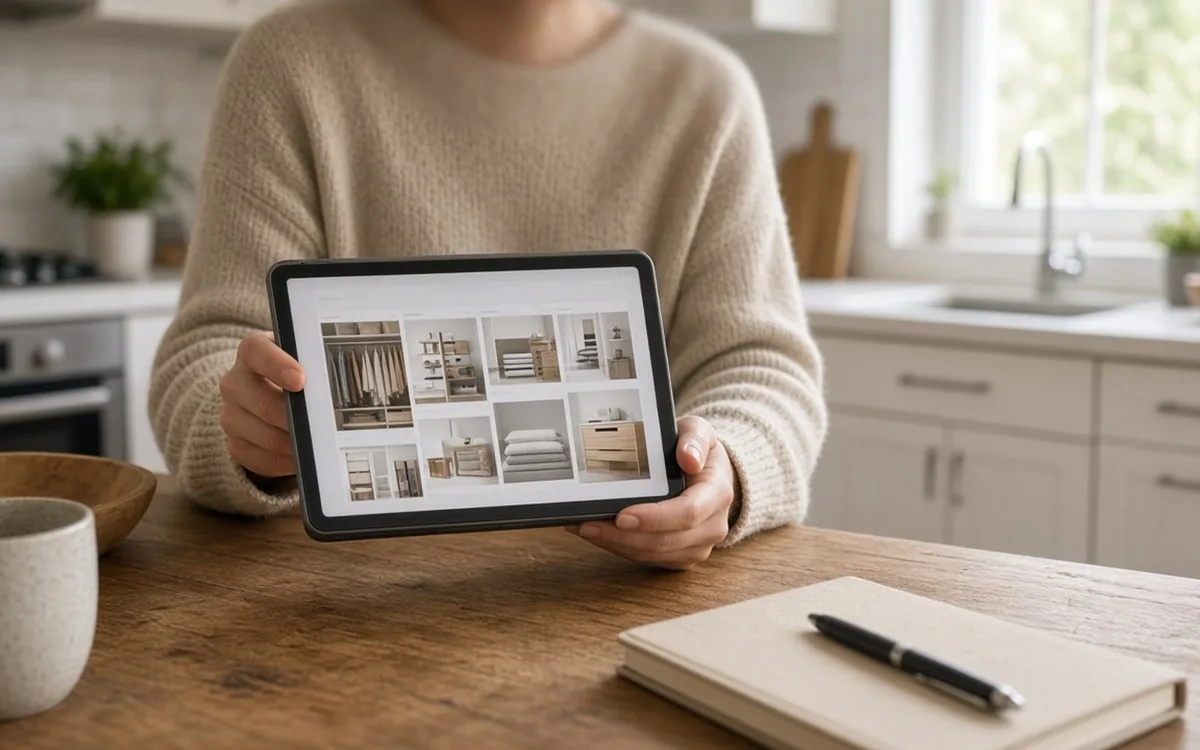 Person at a kitchen table holding a tablet showing a grid of closet and shelving photos