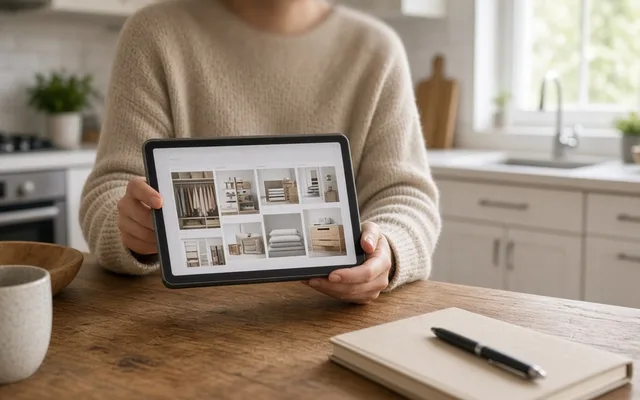 Person at a kitchen table holding a tablet showing a grid of closet and shelving photos