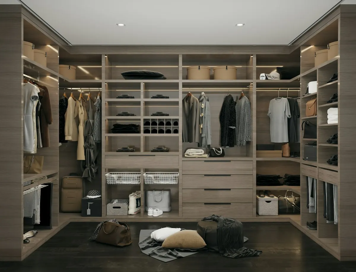 Walk-in wardrobe with drawers, rails and shelves