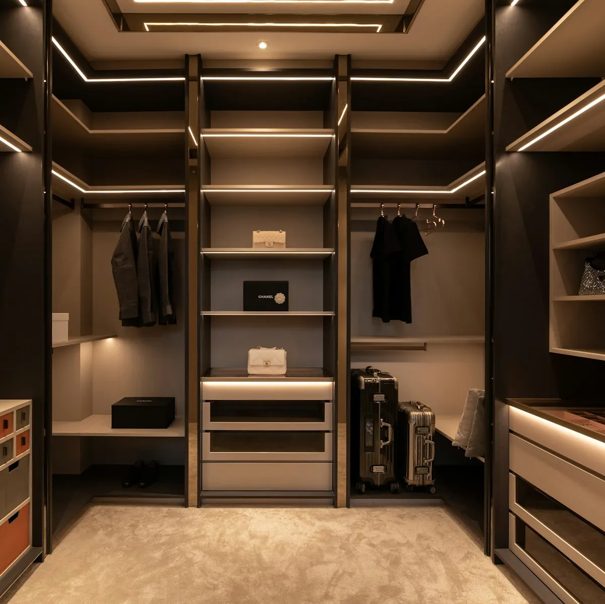 Dark walk-in wardrobe with illuminated shelves and drawers