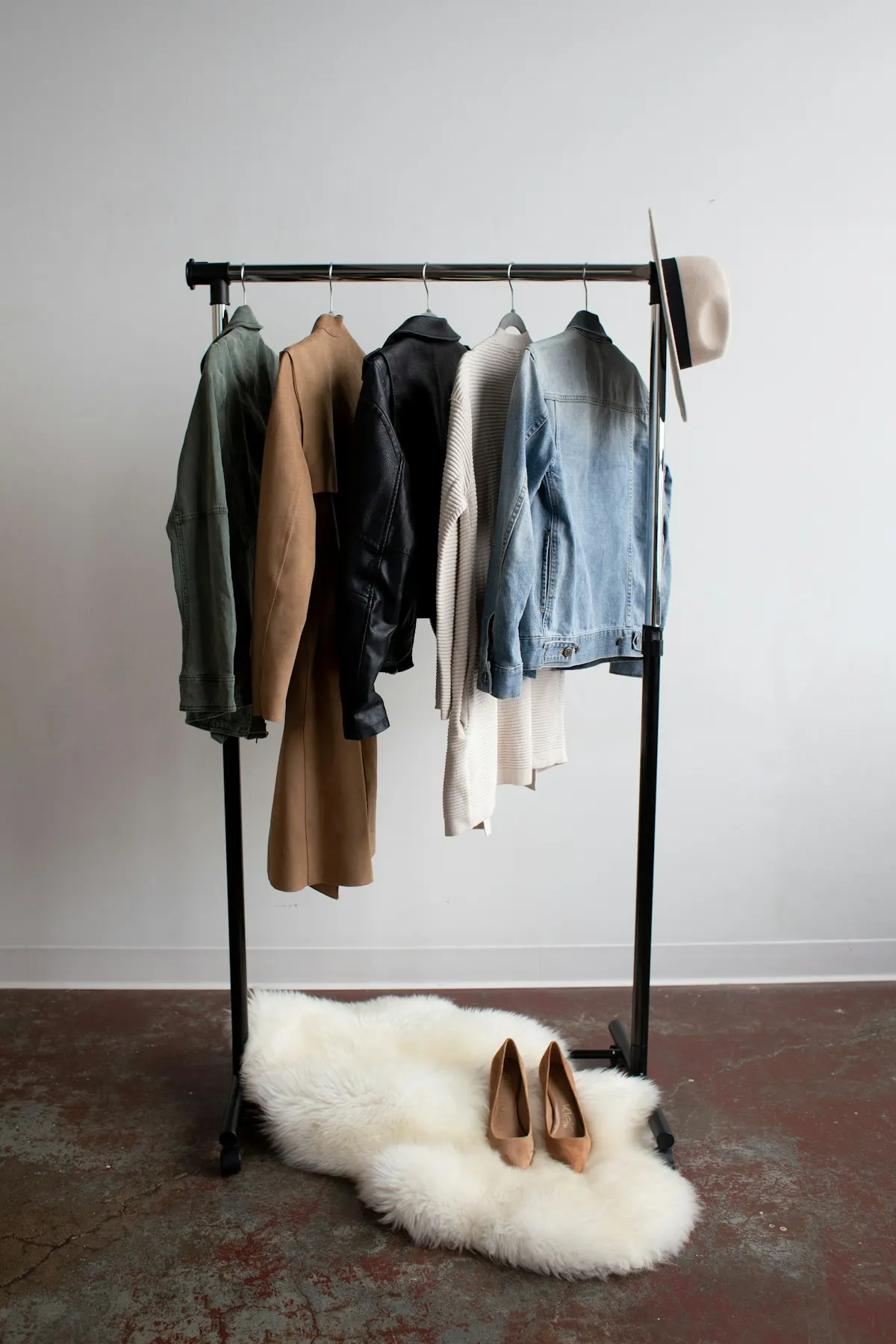 Freestanding clothes rack in a small room